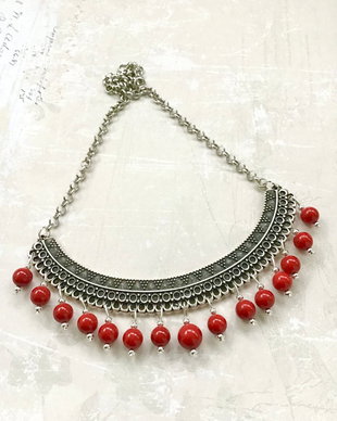 Colier boho Jad rosu & Zamac argintat