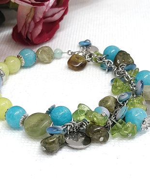 Bratara asimetrica -jad,peridot si granat verde/inox