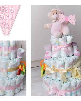 Tort scutece 3 etaje fetita ursulet roz