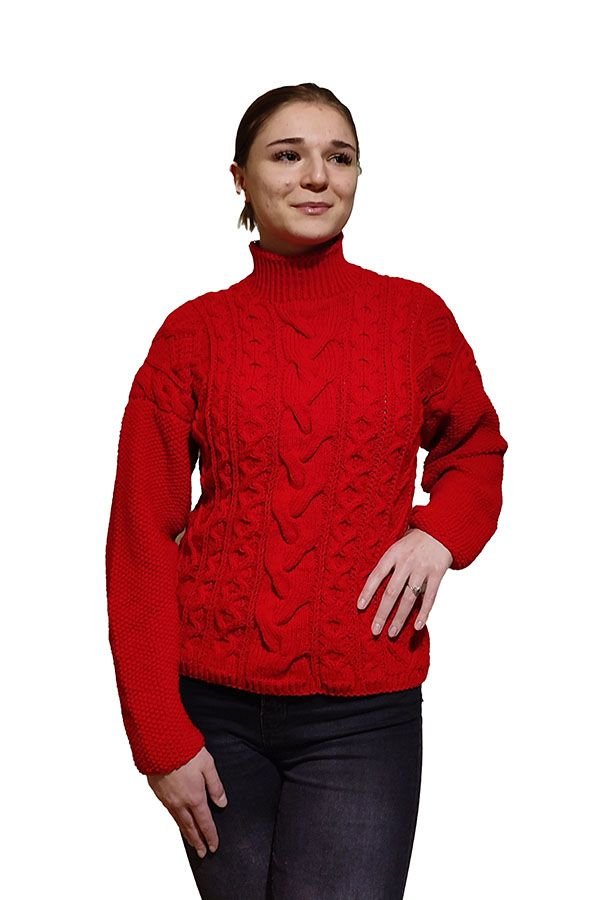 Pulover tricotat manual rosu torsade