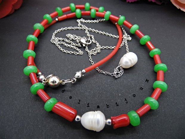 Coliere handmade unicat - perle naturale, coral, jad (cod747)