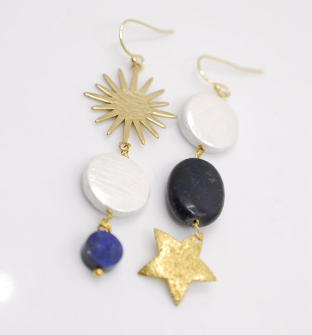 Cercei asimetrici din alama, lapis si perle de cultura, cercei lungi, cercei statement, cercei handmade