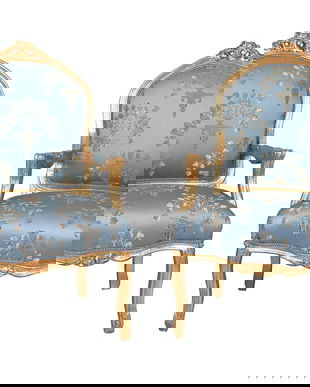 Set doua semifotolii din lemn masiv auriu cu tapiterie bleu cu modele