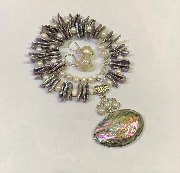 SET ~FABULOUS~ perle biwa,perle cultura,abalone(paua shell),accesorii argintate