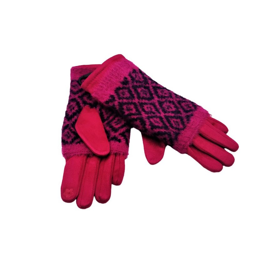 Manusi dama material textil, roz ciclam cu model geometric negru, strat dublu, one size
