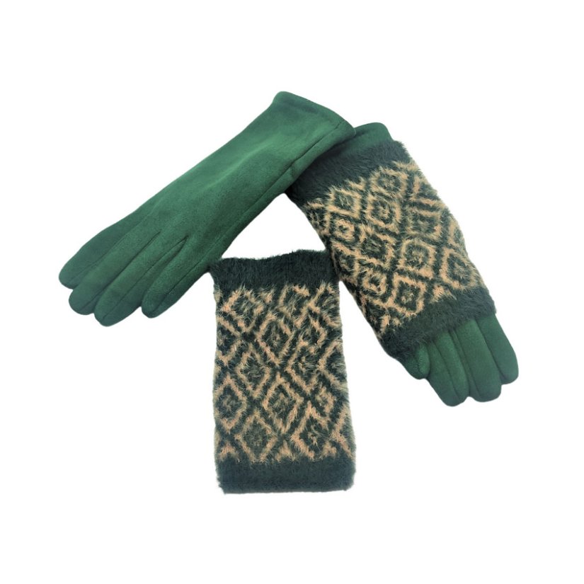 Manusi dama material textil, verde cu model geometric bej, strat dublu, one size