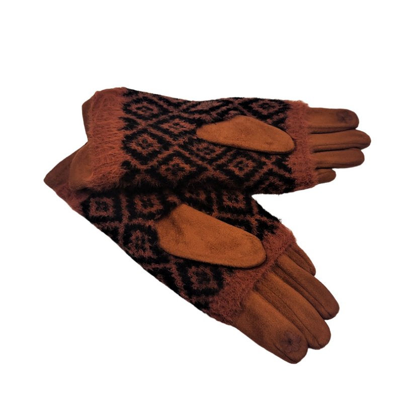 Manusi dama material textil, maro caramel cu model geometric negru, strat dublu, one size