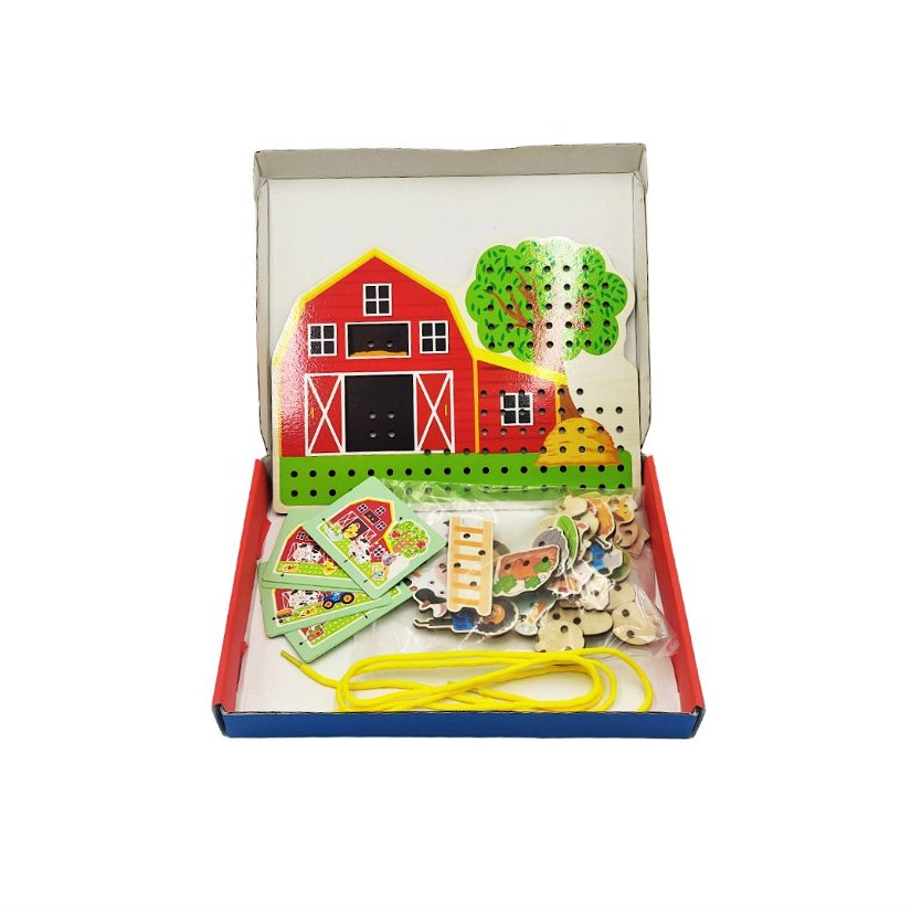 Joc cu snur din lemn Ferma, multicolor, Farm threading board, 30 x 22 cm - 2990