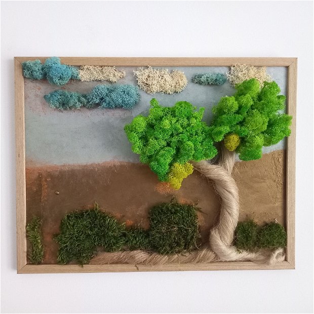 Tablou - peisaj cu arbore din fuior de cânepă și licheni