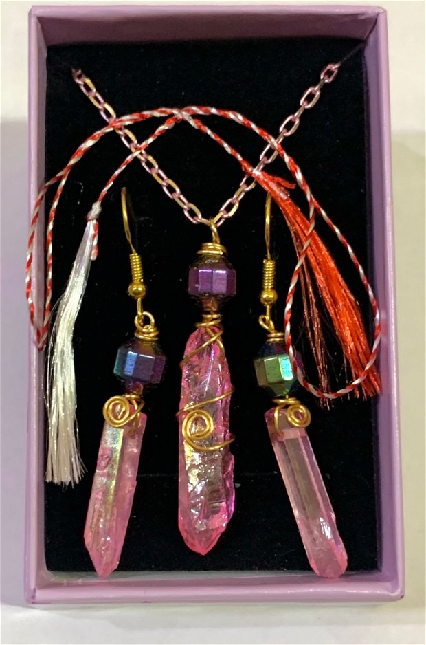 SET CADOU MARTISOR-cristal cuarț electroplacat roz,hematit,lanț auriu electroplacat roz,accesorii aurii