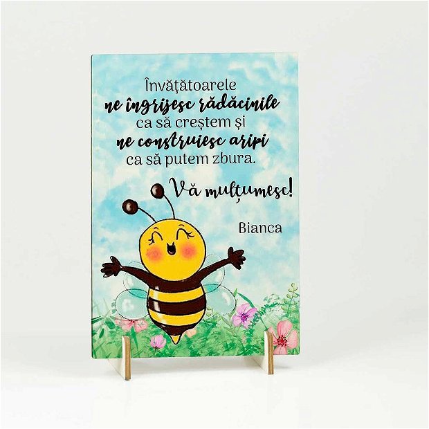 Cadou personalizat educatoare/invatatoare - felicitare din lemn clasa albinutelor