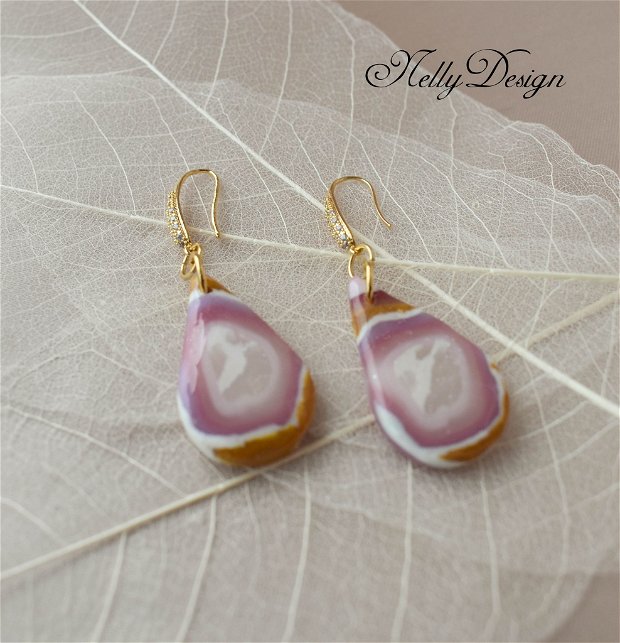 Cercei marmorati roz/lila/alb/ocru / Handmade Polymer Clay Earrings