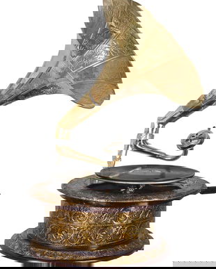 Gramofon rotund cu decoratiuni metalice aurii