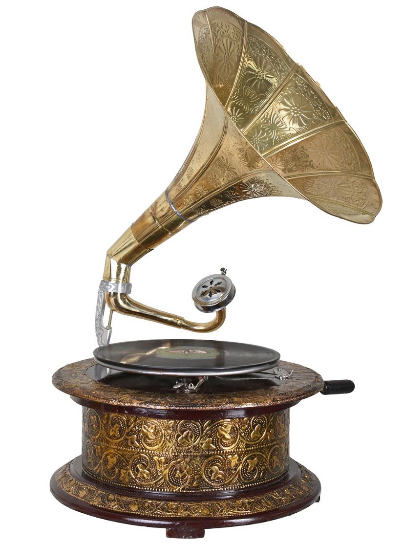 Gramofon rotund cu decoratiuni metalice aurii