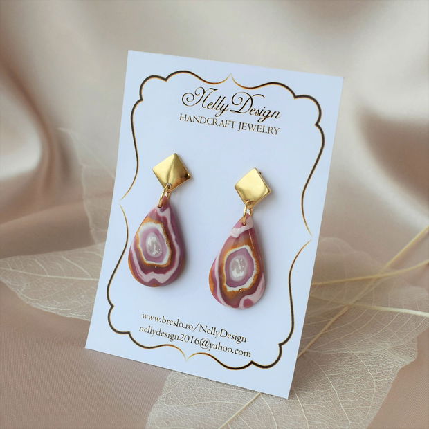 Cercei marmorati roz/lila/alb/ocru / Handmade Polymer Clay Earrings