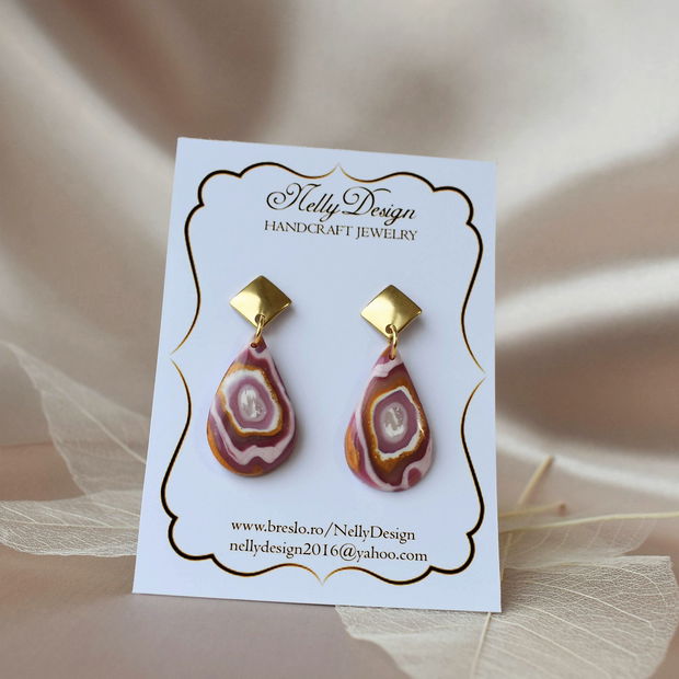 Cercei marmorati roz/lila/alb/ocru / Handmade Polymer Clay Earrings