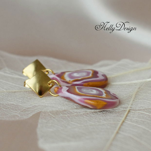 Cercei marmorati roz/lila/alb/ocru / Handmade Polymer Clay Earrings