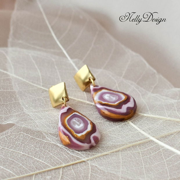 Cercei marmorati roz/lila/alb/ocru / Handmade Polymer Clay Earrings