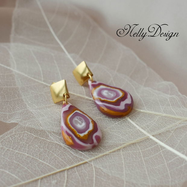 Cercei marmorati roz/lila/alb/ocru / Handmade Polymer Clay Earrings