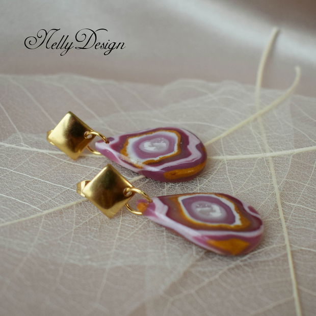 Cercei marmorati roz/lila/alb/ocru / Handmade Polymer Clay Earrings