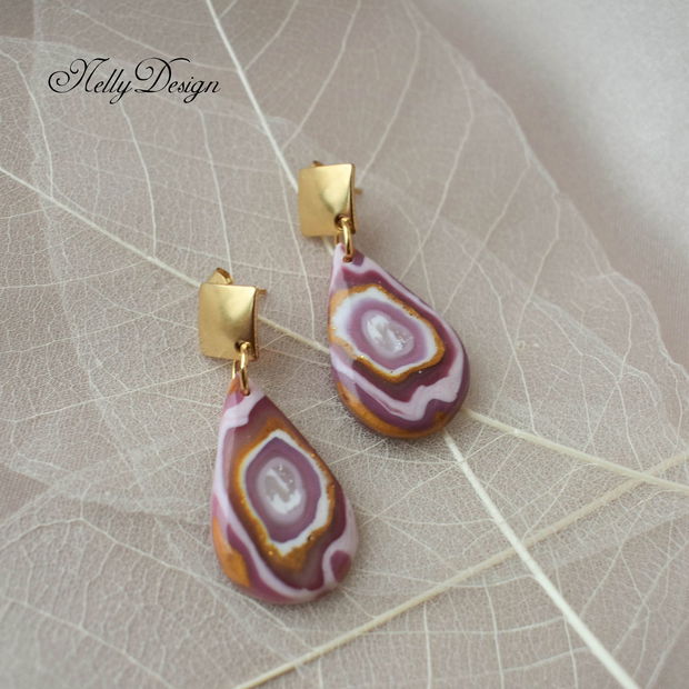 Cercei marmorati roz/lila/alb/ocru / Handmade Polymer Clay Earrings