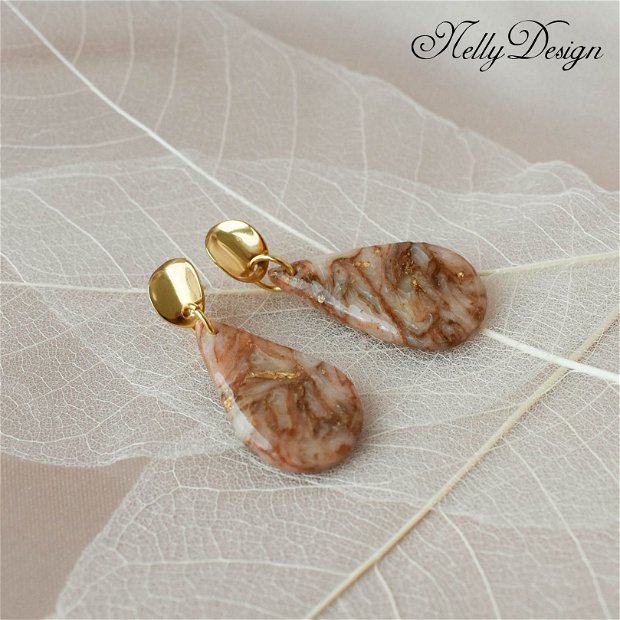 Cercei marmorati caramel/auriu//bej / Handmade Polymer Clay Earrings