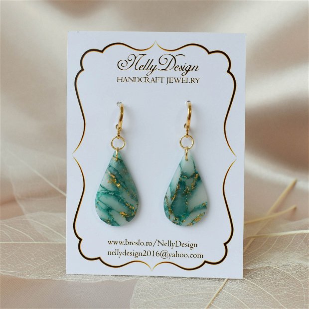 Cercei marmorati verde smarald/auriu/ / Handmade Polymer Clay Earrings