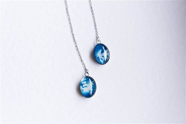Cercei finuti, albastri cianotip, print botanic cu pigment natural, cyanotype earrings