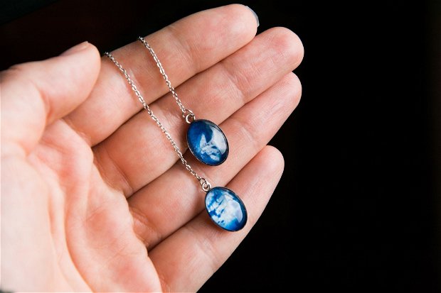 Cercei finuti, albastri cianotip, print botanic cu pigment natural, cyanotype earrings