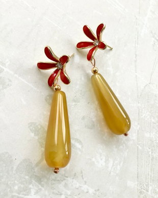 Cercei Agate galbene & flori rosii