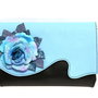 Geanta plic din piele neagra cristal si bleu, cu trandafir si frunze de piele