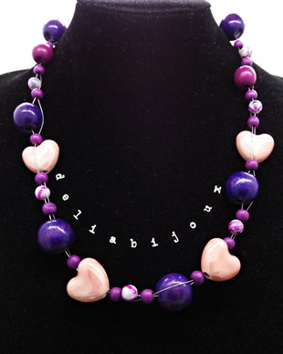 Colier handmade unicat - margele lemn, inimi ceramica (cod756)