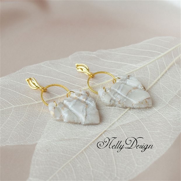 Cercei marmorati bej/gri/auriu / Handmade Polymer Clay Earrings