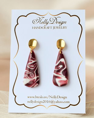 Cercei marmorati bordeaux/alb/auriu / Handmade Polymer Clay Earrings