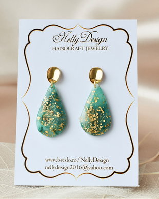 Cercei marmorati verde smarald/auriu/ / Handmade Polymer Clay Earrings