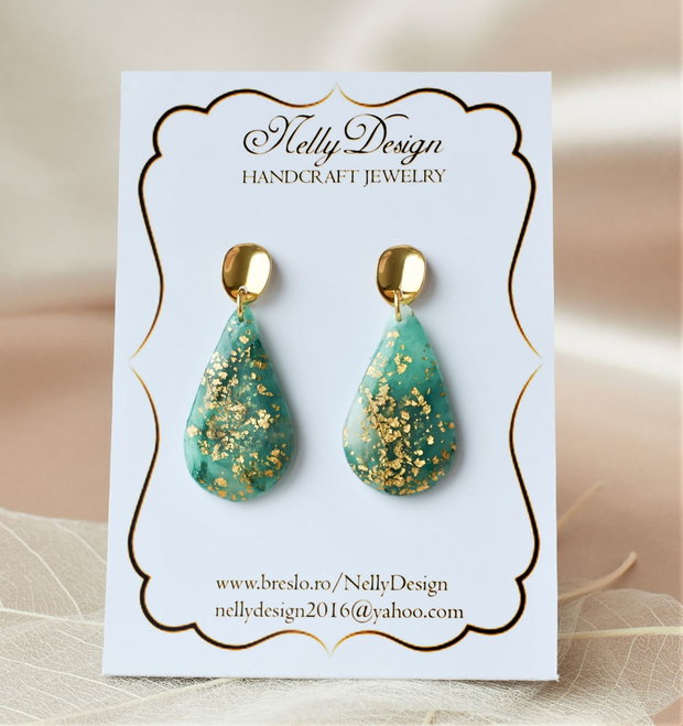 Cercei marmorati verde smarald/auriu/ / Handmade Polymer Clay Earrings