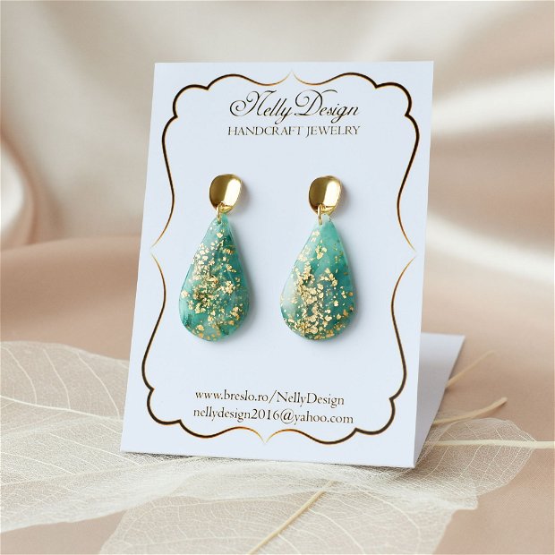 Cercei marmorati verde smarald/auriu/ / Handmade Polymer Clay Earrings