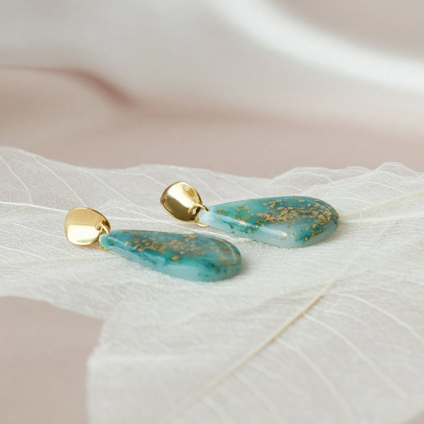 Cercei marmorati verde smarald/auriu/ / Handmade Polymer Clay Earrings