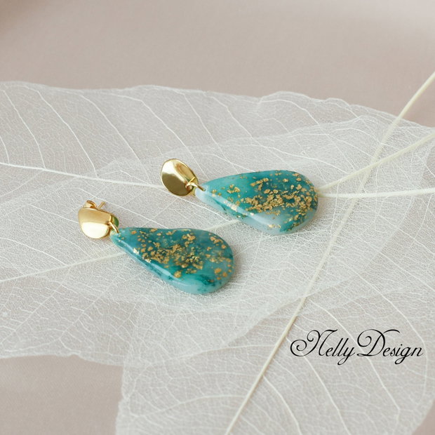 Cercei marmorati verde smarald/auriu/ / Handmade Polymer Clay Earrings