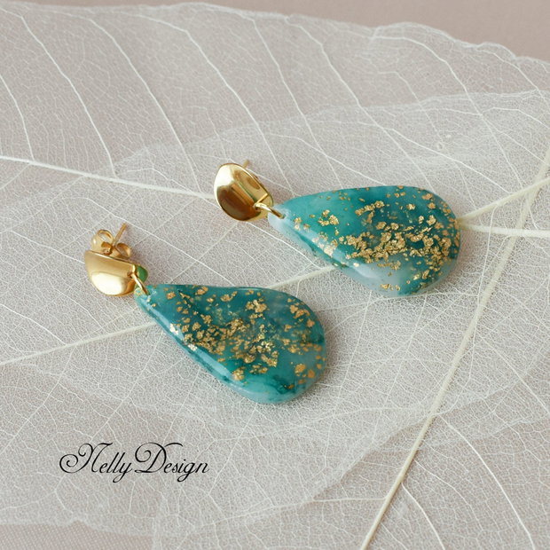 Cercei marmorati verde smarald/auriu/ / Handmade Polymer Clay Earrings