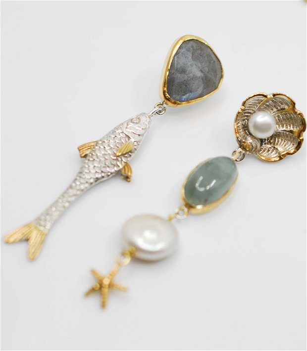 Cercei statement, asimetrici, din argint cu labradorit, aquamarin, perle, cercei lungi argint, cercei statement, cercei handmade