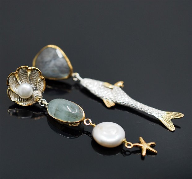 Cercei statement, asimetrici, din argint cu labradorit, aquamarin, perle, cercei lungi argint, cercei statement, cercei handmade
