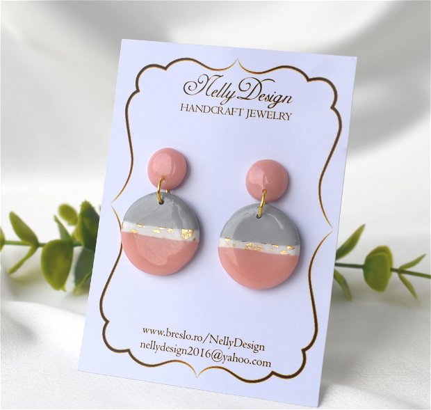 Cercei in nuante roz/gri/alb/auriu / Handmade Polymer Clay Earrings