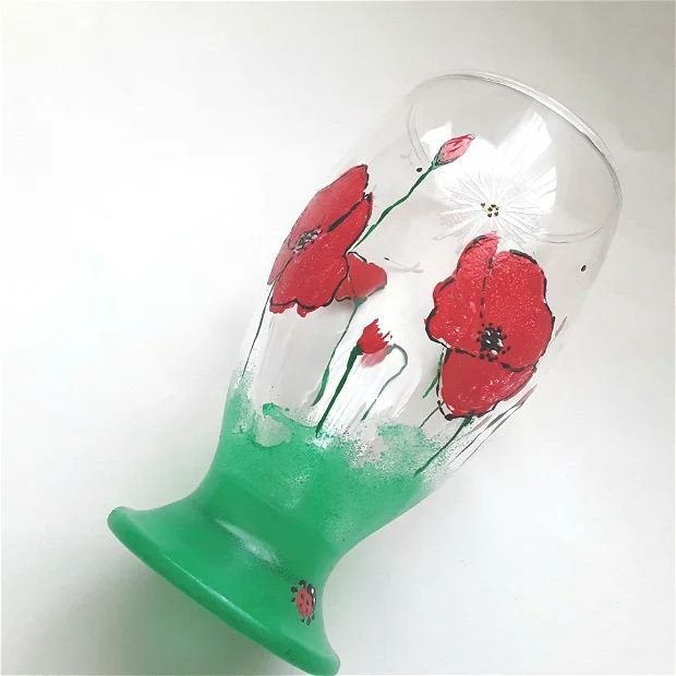 Vaza din sticla pictata cu maci si papadii