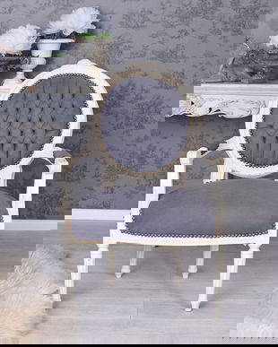 Semifotoliu din lemn masiv alb cu tapiterie gri soarece