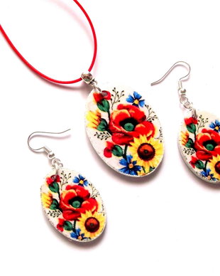 set bijuterii lemn cu maci 42686