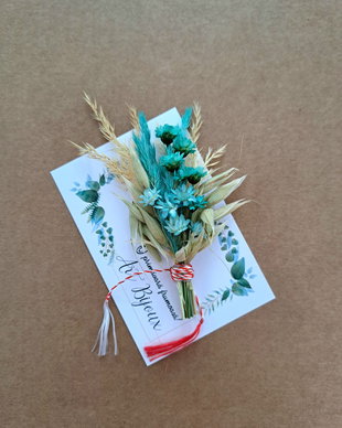 Mărțișoare-broșă, mini buchete flori naturale uscate, Turquoise