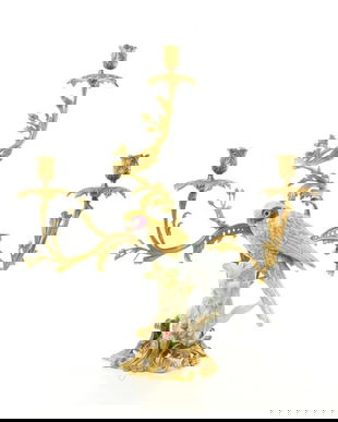 Sfesnic  papagal din portelan cu trei brate din bronz