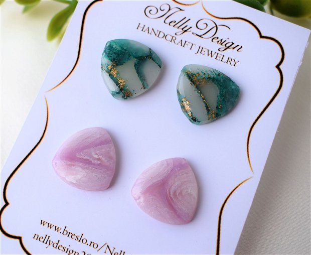 Set 2 perechi cercei roz cuart/verde/auriu // Handmade Polymer Clay Earrings