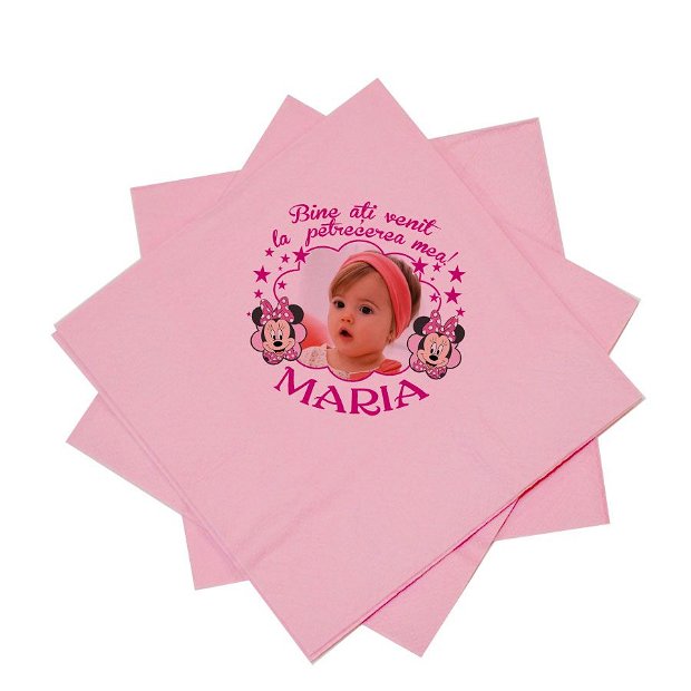 Servetele roz personalizate cu fotografie si Minnie
